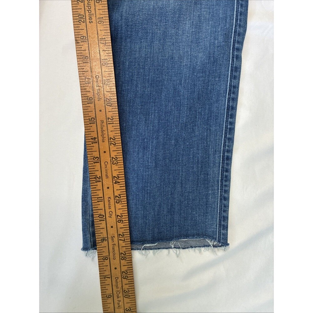 7 For All Mankind Raw Hem Straight Leg Jeans Women Size 33 Cut 28" L Blue Grunge - Picture 10 of 16